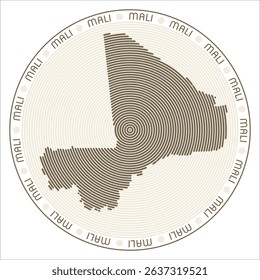 Mali round logo design. Country shape build of rings. Mali text around the country. Vector Illustration.