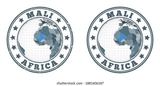 Logo de la ronda de Mali. Señales circulares de país con mapa de Mali en contexto mundial. Sellos de país simples y texturados. Ilustración vectorial.