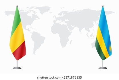 Mali and Rwanda flags for official meeting against background of world map.