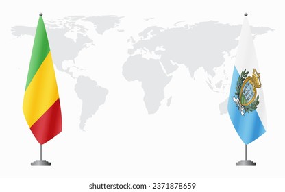 Mali and San Marino flags for official meeting against background of world map.