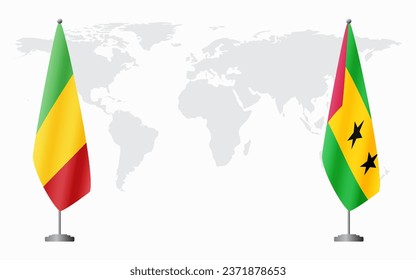 Mali and Sao Tome and Principe flags for official meeting against background of world map.