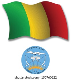 mali shadowed textured wavy flag and coat of arms against white background, vector art illustration, image contains transparency transparency