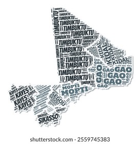 Mali shape text cloud. Country border with shadow on white background. Mali with regions division in vintage gazette style. Trending vector illustration.