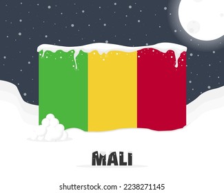 Mali snowy weather concept, cold weather and snowfall, Mali weather forecast winter banner idea, snow cap on flag with snowballs and moon, blizzard and adverse weather conditions