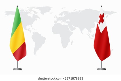 Mali and Tonga flags for official meeting against background of world map.