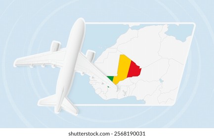 Mali Travel Illustration with Plane and National Flag. Ideal for travel agencies, promotional materials, or geographic content related to Mali.