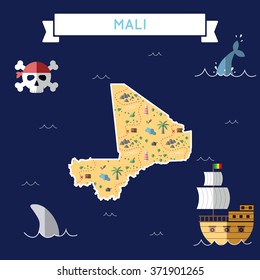 Mali treasure map in flat design. Colorful cartoon treasure map of Mali with flat design icons of pirate ship and jolly roger. Mali flat design vector illustration.