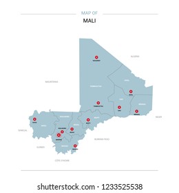 Mali vector map. Editable template with regions, cities, red pins and blue surface on white background. 