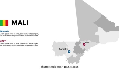 Mali Vektorgrafik-Infografik-Vorlage. Präsentation verschieben. Weltweites Unternehmensmarketing-Konzept. Farbland. Geografische Daten des Weltverkehrs. 