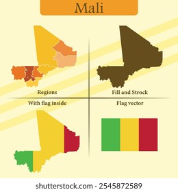 Mapa del Vector de Malí con superposición de la bandera de silueta negra de las regiones y bandera independiente ideal para infografías de materiales educativos y proyectos de diseño que muestran la geografía e identidad de Azerbaiyán
