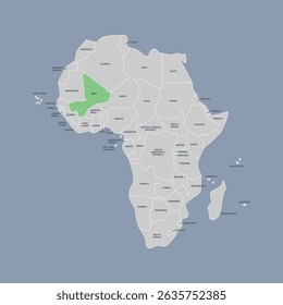 Mali vector map silhouette isolated on Africa map. Editable vector map of Africa. 