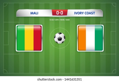 Mali vs Ivory Coast scoreboard broadcast template for sport soccer africa tournament 2019 round of 16 teams and football championship in egypt vector illustration