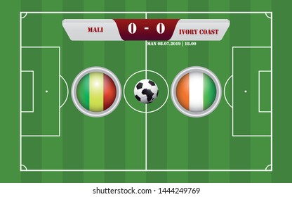 Mali vs Ivory Coast  scoreboard broadcast template for sport soccer africa tournament 2019 Group A and football championship in egypt vector illustration