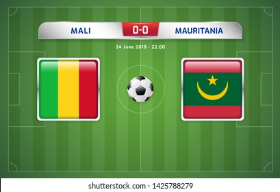 Mali vs Mauritania scoreboard broadcast template for sport soccer africa tournament 2019 Group E and football championship in egypt vector illustration