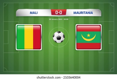 Mali vs Mauritania scoreboard broadcast template for sport soccer africa tournament 2021 Group F and football championship in cameroon vector illustration