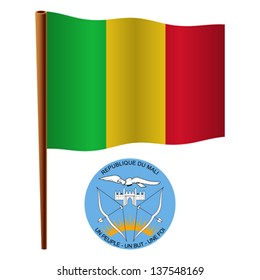 mali wavy flag and coat of arm against white background, vector art illustration, image contains transparency