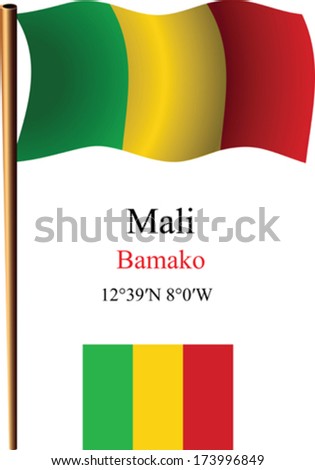 mali wavy flag and coordinates against white background, vector art illustration, image contains transparency