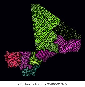 Mali word cloud. Region names of the country in the French language. Bright neon style design on a dark background. Mali shape with administrative division. Trending vector illustration.