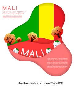 Mali : World Flag in paper cut shapes with trees and mountains in the layers : Vector Illustration