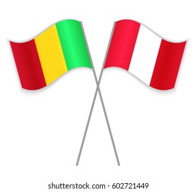 Malian and Peruvian crossed flags. Mali combined with Peru isolated on white. Language learning, international business or travel concept.