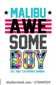 malibu awesome boy,california summer,t-shirt print poster vector illustration