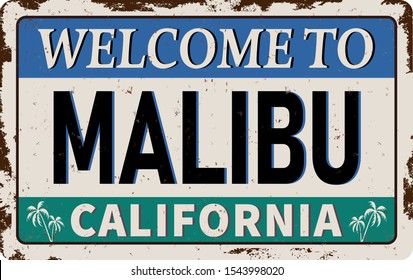 Malibu Beach, California retro vintage rusted metal plate poster.