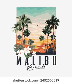 malibu beach calligraphy slogan with palm trees silhouette on sunset background vector illustration