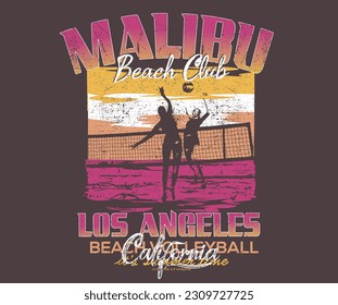 Malibu Beach Club Grafikdesign für T-Shirt-Druck, Poster, Aufkleber, Hintergrund und andere Zwecke.  Beach Volleyball bunter Retro-Druckkunst. 