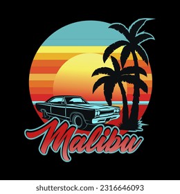 Malibu. Beach holiday, vintage car graphic t-shirt illustration design.