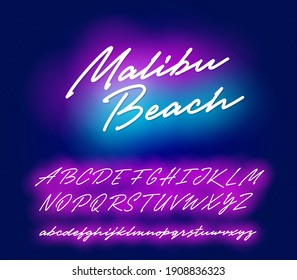 Malibu beach neon script. Vector alphabet.