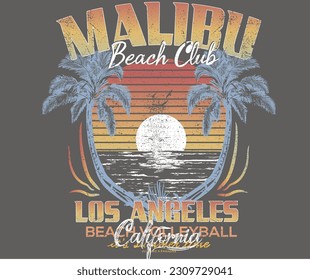 Malibu beach with palm tree vector t-shirt design. summer vibes artwork design. Surf club.