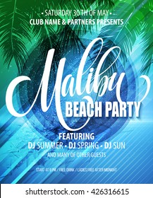 Malibu Beach Party poster. Tropical background. Vector illustration EPS10