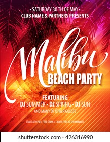 Malibu Beach Party poster. Tropical background. Vector illustration EPS10