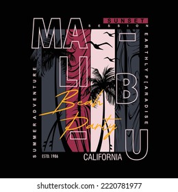 malibu beach party, summer sunset beach typography,vector graphic, slogan design. t-shirt printing