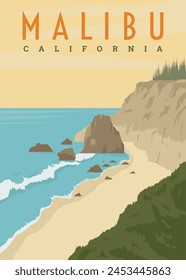 malibu beach poster diseño de Ilustración vectorial vintage. diseño de póster vintage de la playa en california