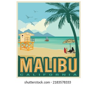 Malibu beach print design for posters, stickers, background and others. Outdoor illustration. Palm tree and lifeguard tower vector artwork.