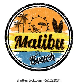 Malibu Beach sign or stamp on white background, vector illustration