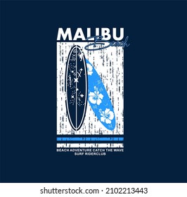 MALIBU Beach stylish t-shirt and apparel modern design with tropical leaves, typography, print, vector illustration. 