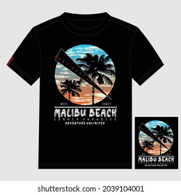 Malibu beach summer paradise nature,sunset stylish graphic t shirt print vector illustration design