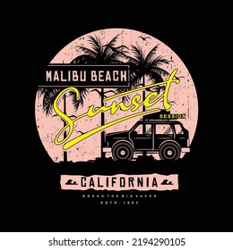 malibu beach sunset california print t shirt. palm trees and car holiday silhouette vector illustration