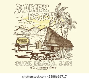 Malibu beach. surf typography for t shirt. Summer vibes long beach hand draw. Beach paradise resort. Enjoy holiday at dream paradise resort t-shirt design. Endless summer artwork.  Miami, california,