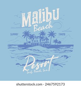 Playa de Malibu. Tipografía de surf para camiseta. Vibraciones de verano de larga playa dibujado a mano. Complejo de playa paradisíaco. Disfruta de tus vacaciones en el diseño de camiseta de dream paradise resort. Imprimir diseño gráfico de camiseta, tipografía