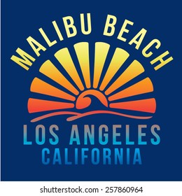Malibu beach surf typography, t-shirt graphics, vectors