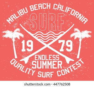 Malibu beach surf typography, t-shirt graphics, vectors