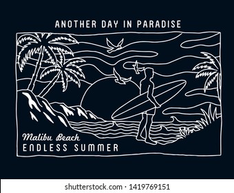 Malibu Beach, The surfer  with, beach view, mountains, palm trees and birds . Vector illustrations for t-shirt prints, posters and other uses. 