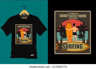 Malibu Beach Surfing Retro T Shirt Design