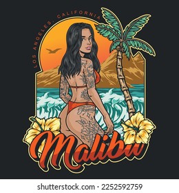 Malibu bikini girl colorful poster tanned woman with tattoos in bikini on sea beach with palm trees vector illustration