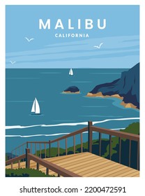 Malibu California beach poster landscape. vector illustration with minimalist style. 