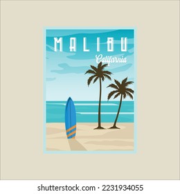 malbu california playa vectorial diseño gráfico modelo de ilustración de afiches. banner de viajes de surf y firma para el concepto de negocios o vacaciones