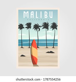 Malibu California Beach Vintage Vector Illustration Design, Surf Travel Poster Template